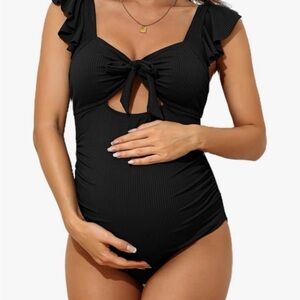 Black Maternity Swimsuit with Ruffle Sleeves